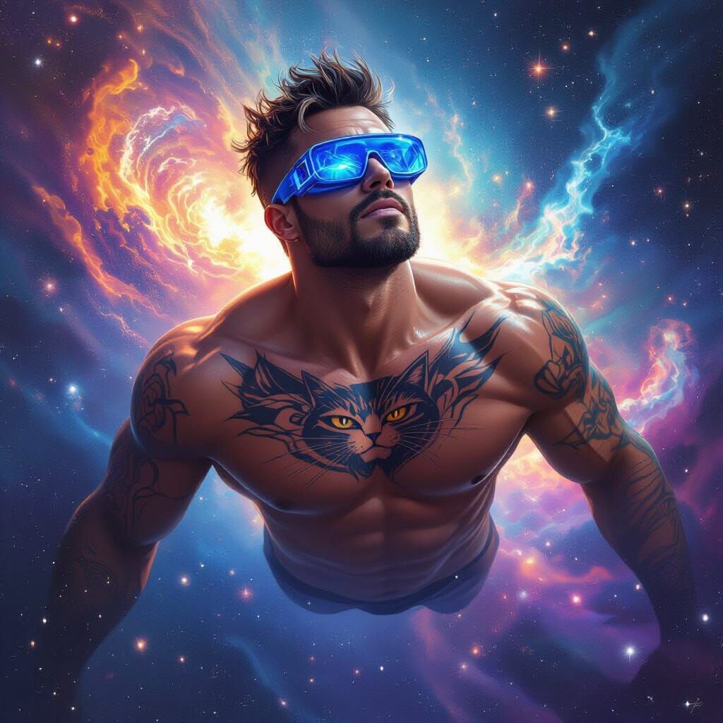 Muscular Man Controls Galaxies in Cosmic Space Digital Art
