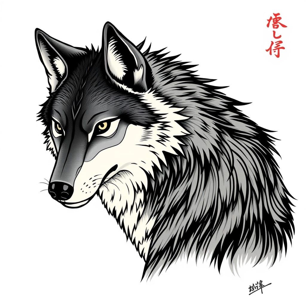 Majestic Balkan Wolf in Anime-Inspired Black and White Illus...