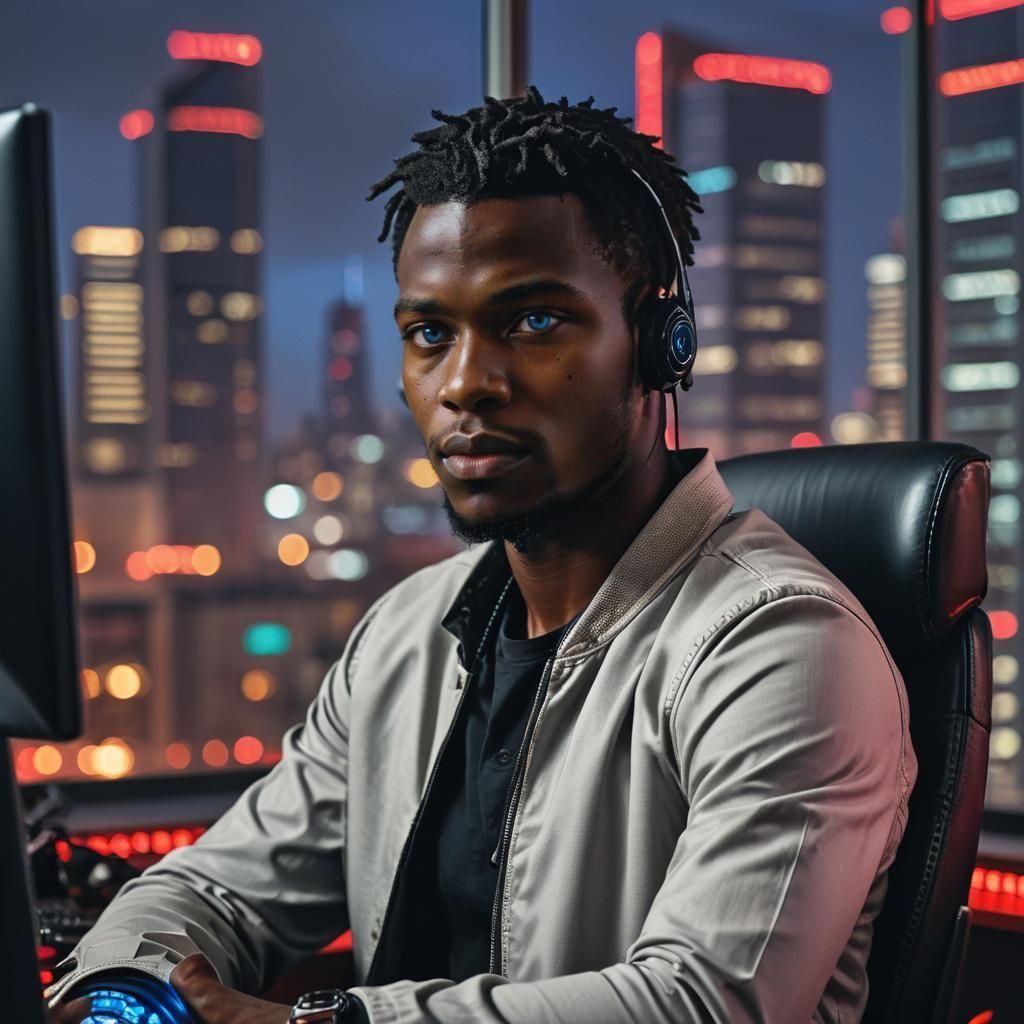 Nigerian Hacker in Lagos Office: Professional Portrait