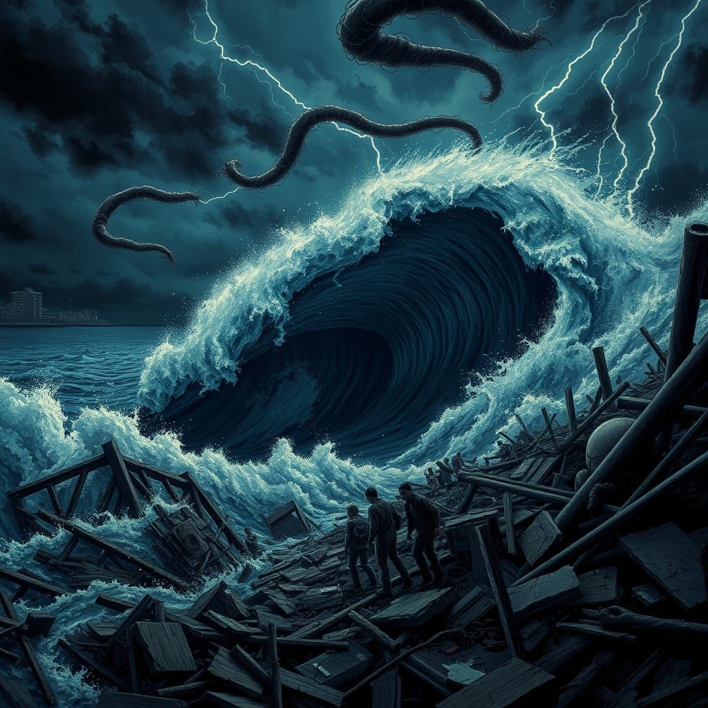 Apocalyptic Coastal Cityscape Under Dark Indigo Skies