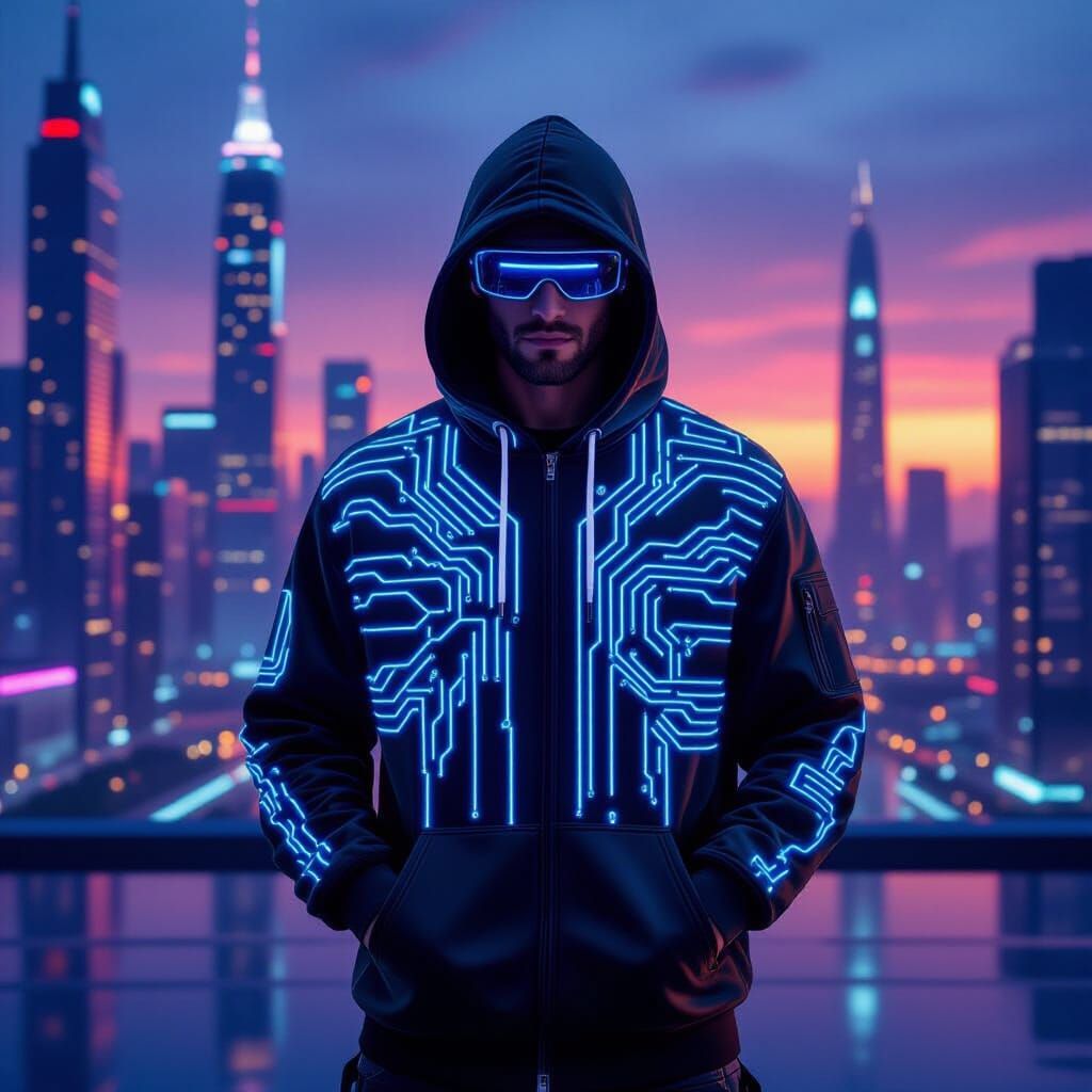 Man in Laser Hoodie in Futuristic Cityscape