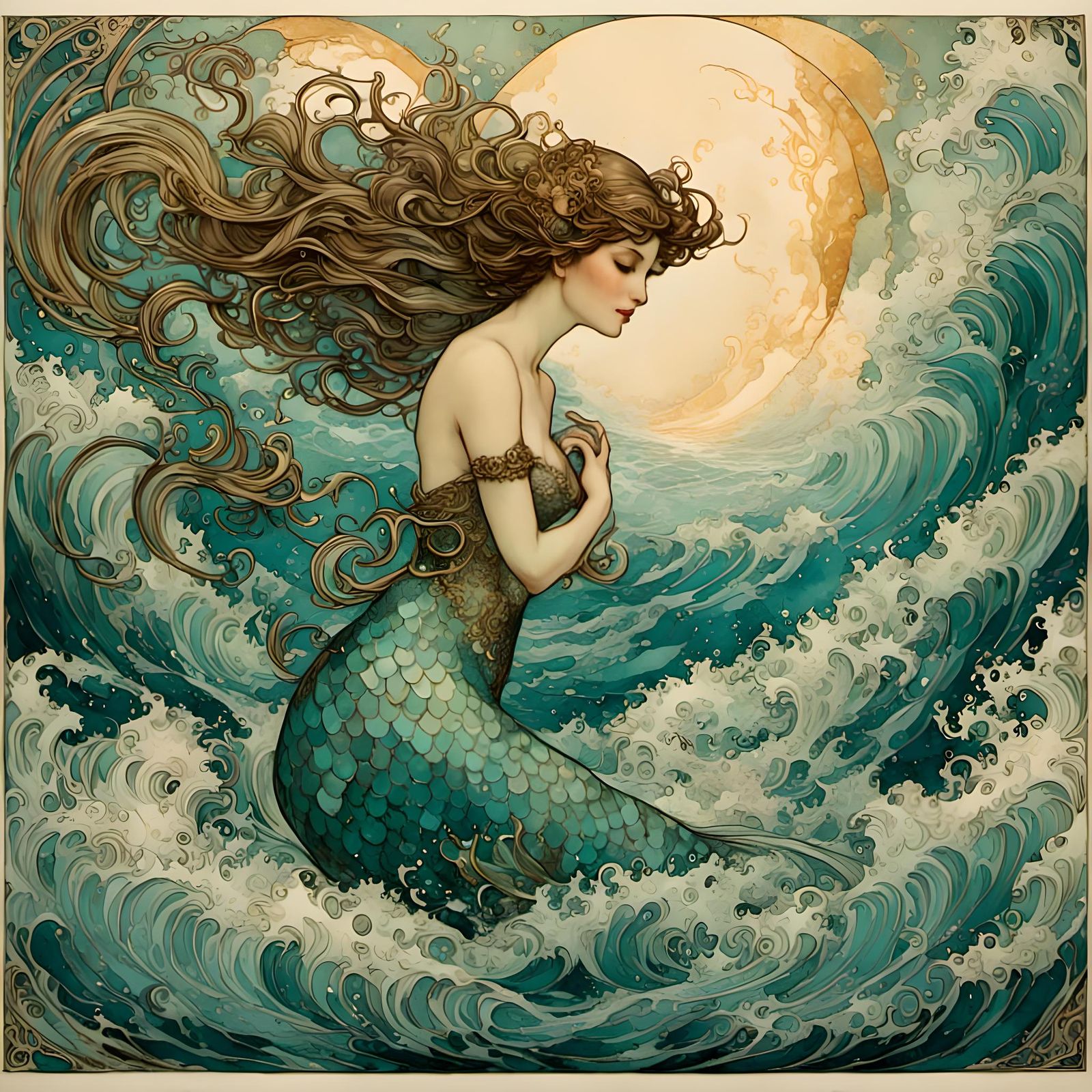Mermaid in Art Nouveau Wave Illustration
