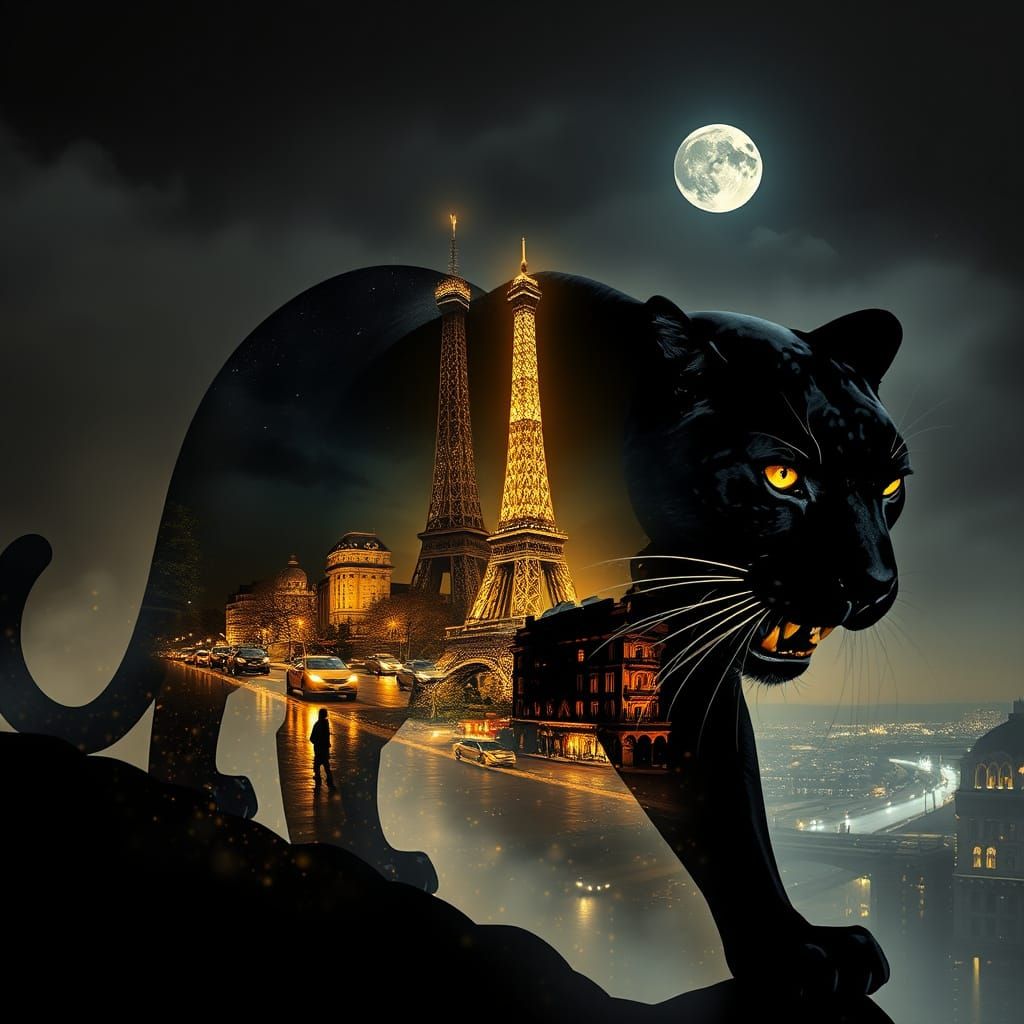 Panther Silhouette With Eiffel Tower Inside, Black White Gol...
