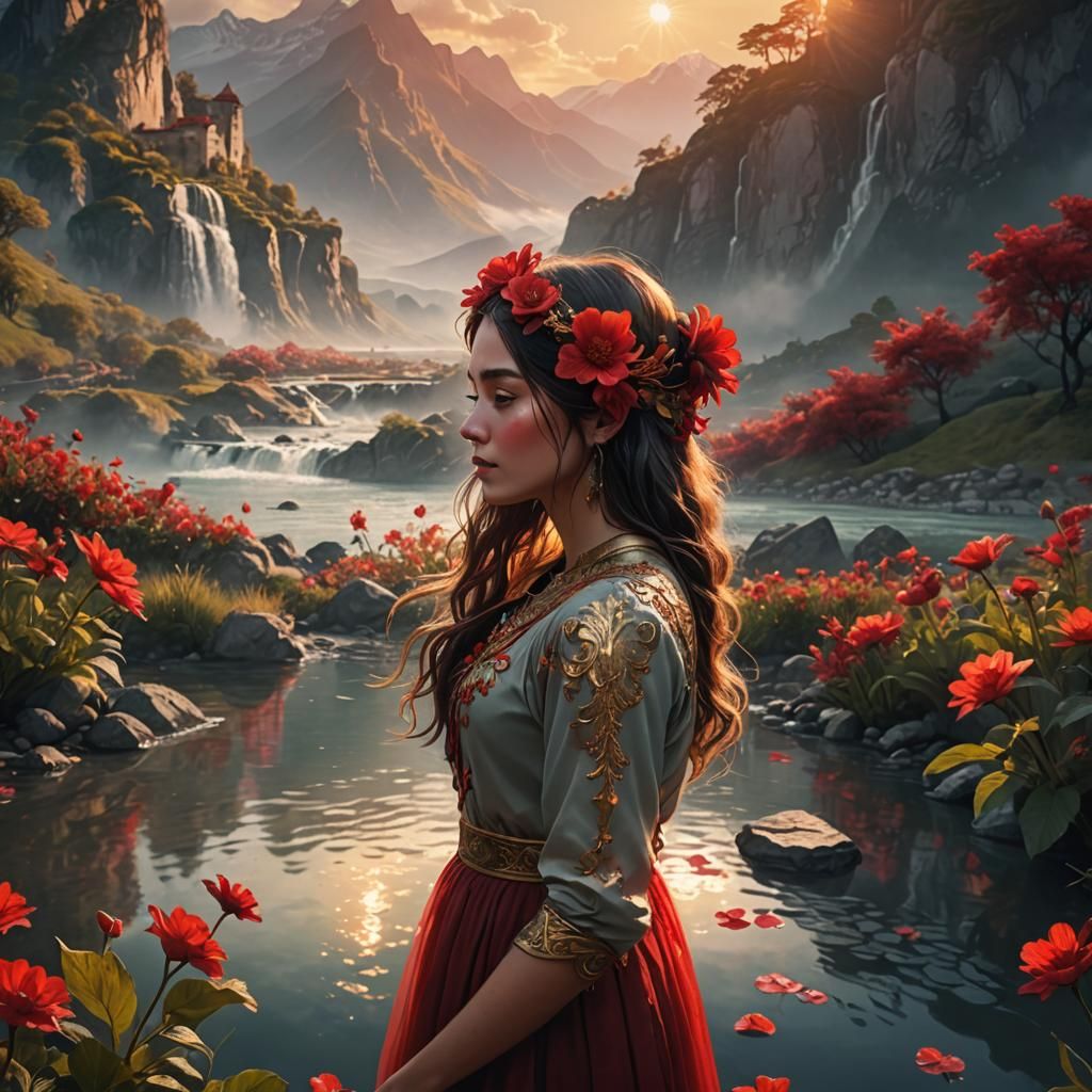 Girl in Garden with Red Flower, Digital Matte Painting