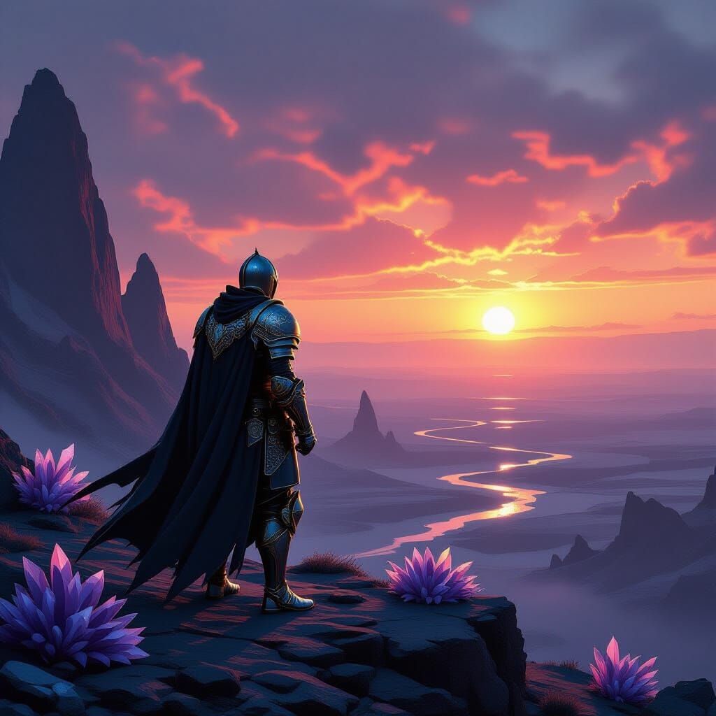 Knight on Alien Cliff Overlooking Binary Sunset