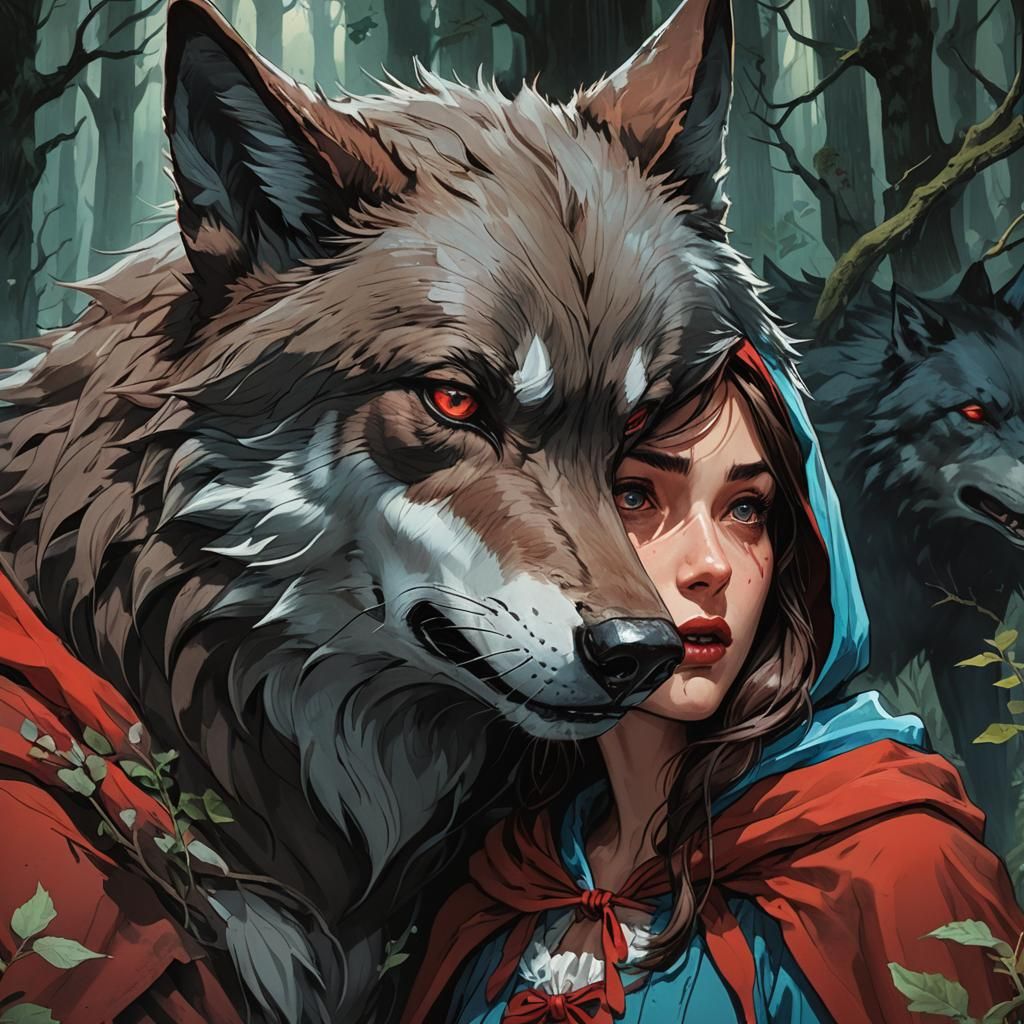Little Red Riding Hood Confronts Wolf in Anime Style