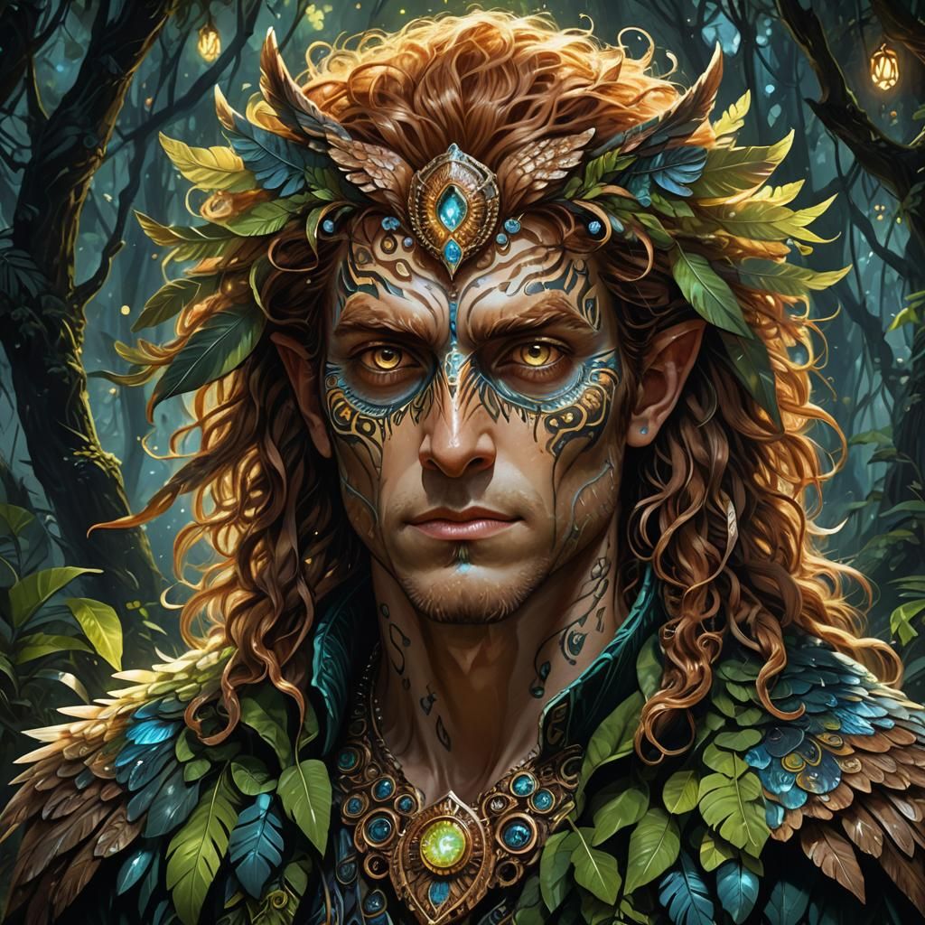 Fantasy Owl Elf Portrait in Jungle, Bioluminescent Details