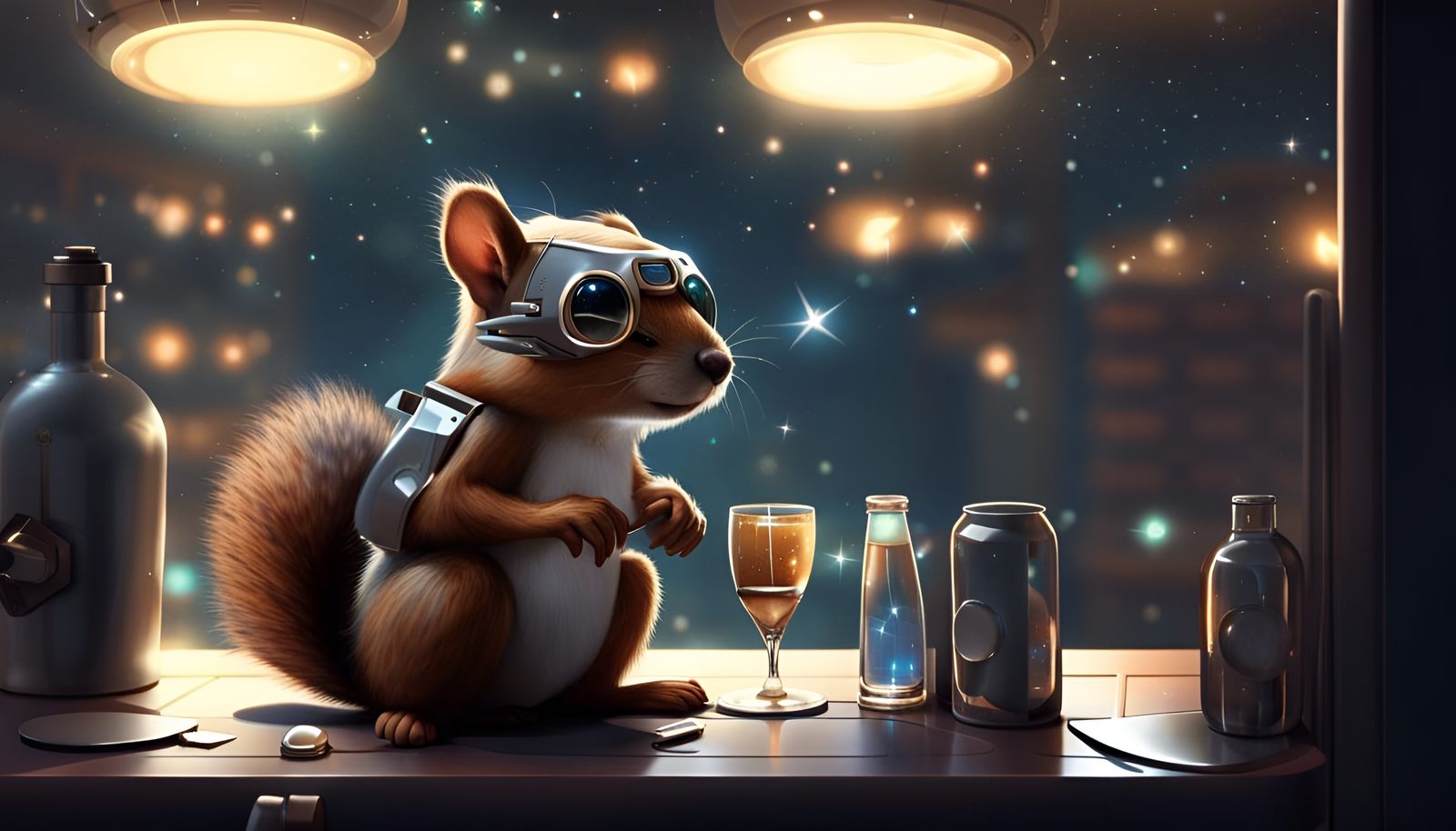 Futuristic Bar Scene with Pirate Squirrel