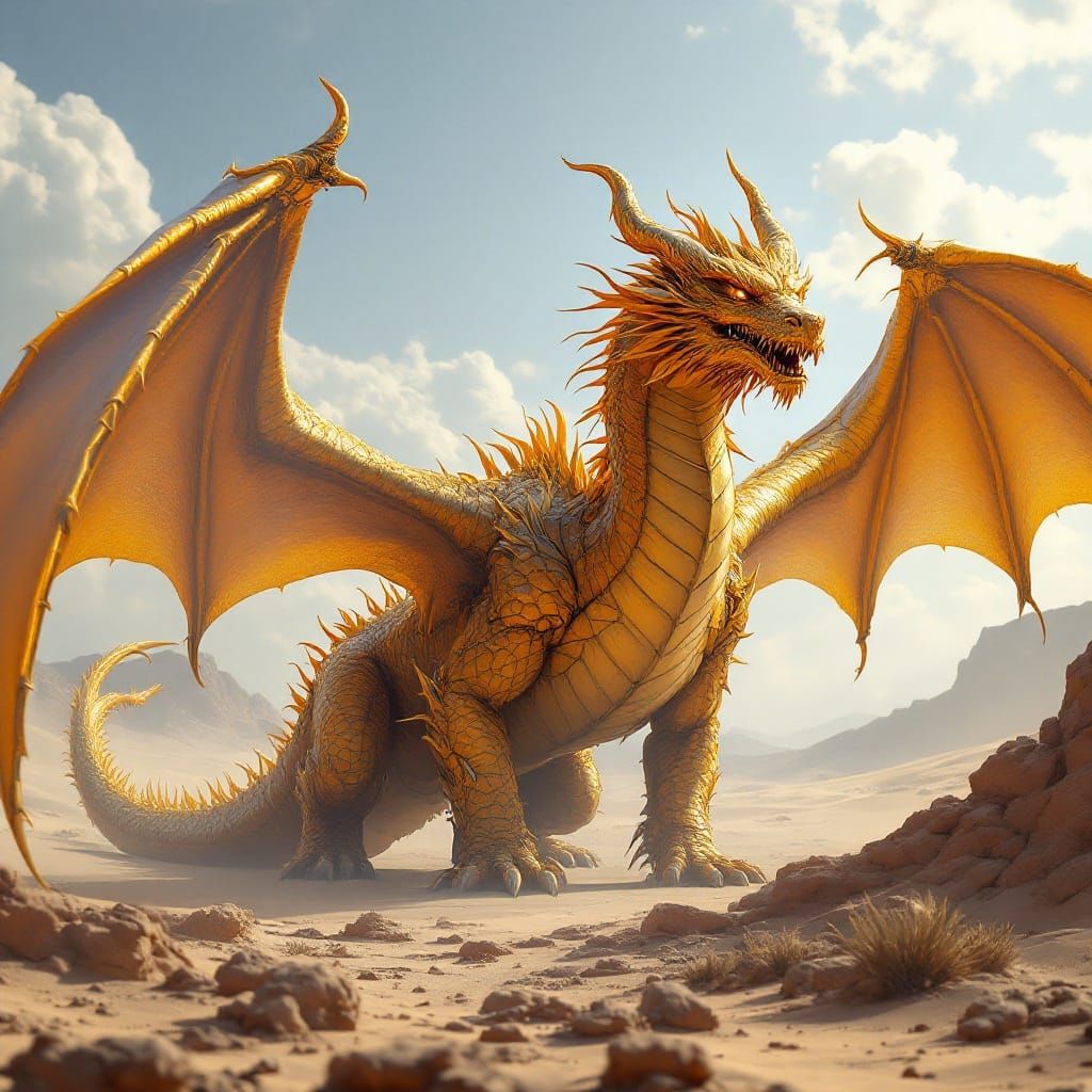 Golden Dragon in Desert Sunlight: Hyperdetailed Dark Fantasy