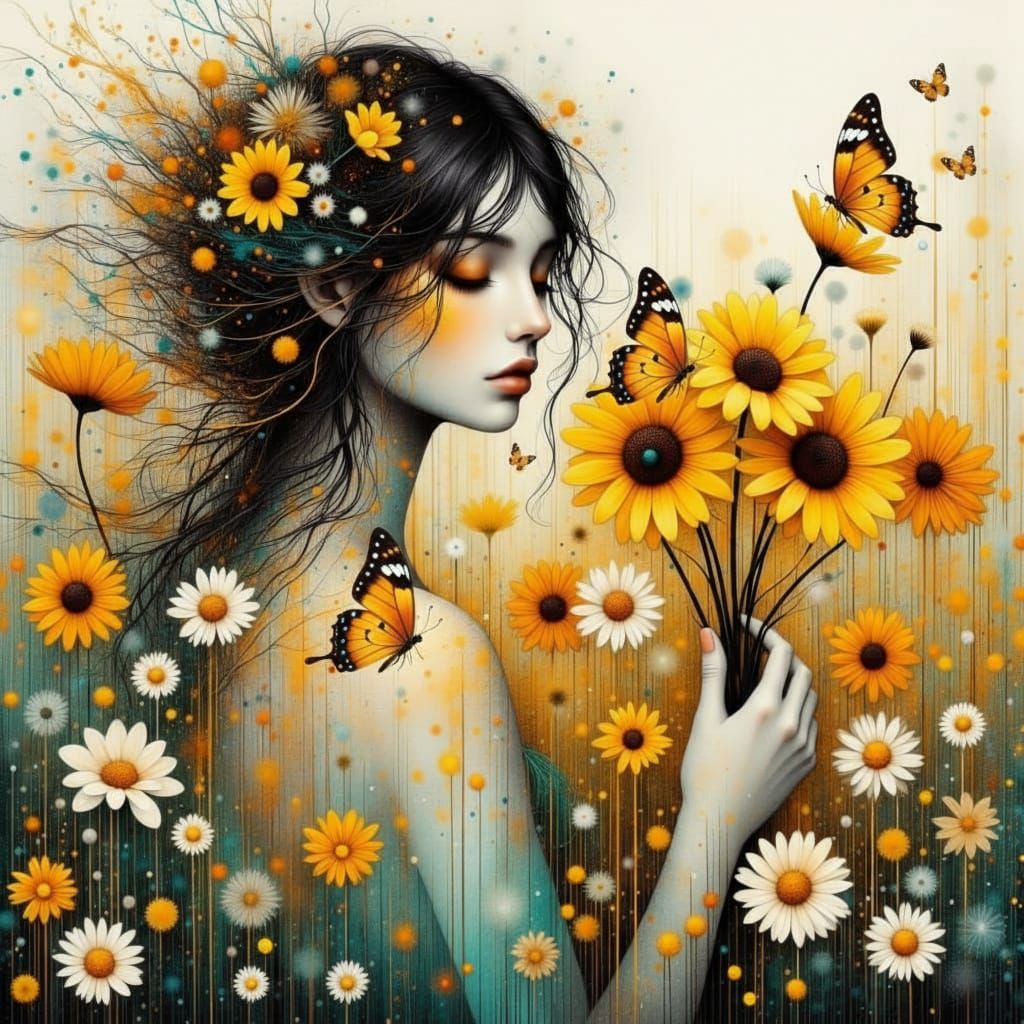 Woman in Wildflower Field Picking Bouquet