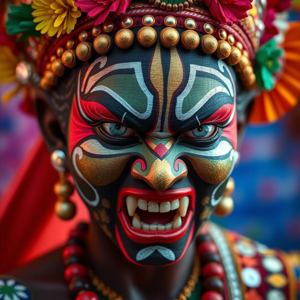 Intensely Angry Kathakali Dancer with Vibrant Face Paint