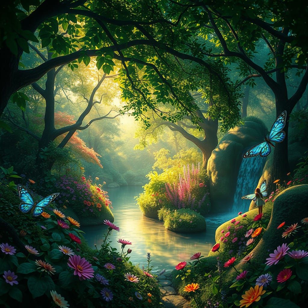 Whimsical Fairy Garden in Vibrant Hyperrealism