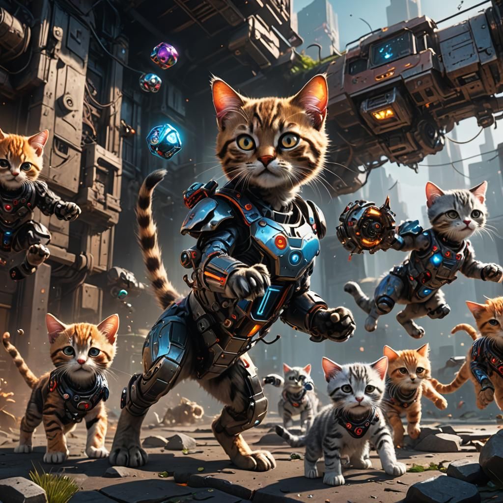 Cyborg Kittens Playing: Detailed Fantasy Concept Art