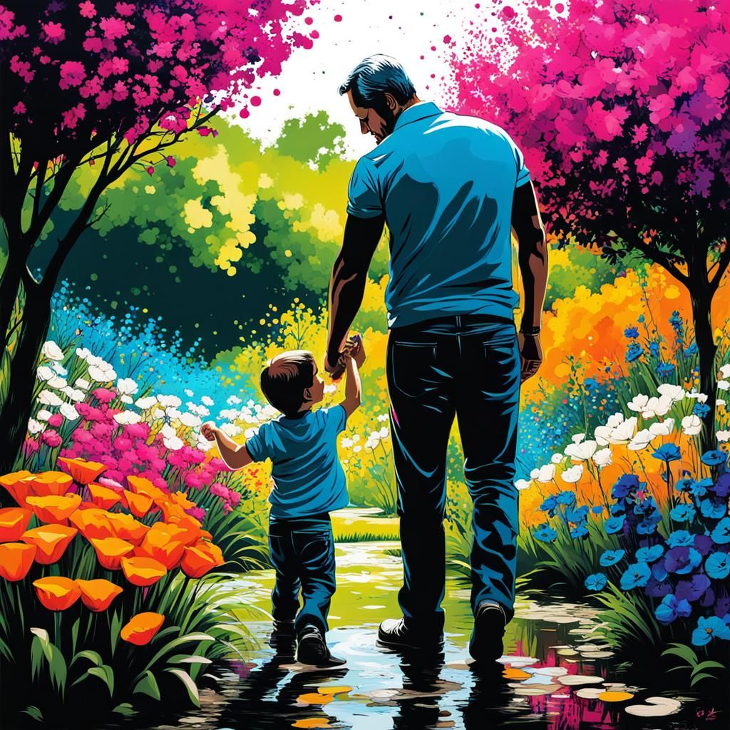 Father and Son Playing in Garden: Splash Art