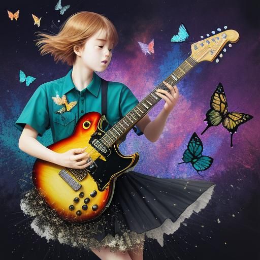Exploding Guitar with Butterflies: Double Exposure Art