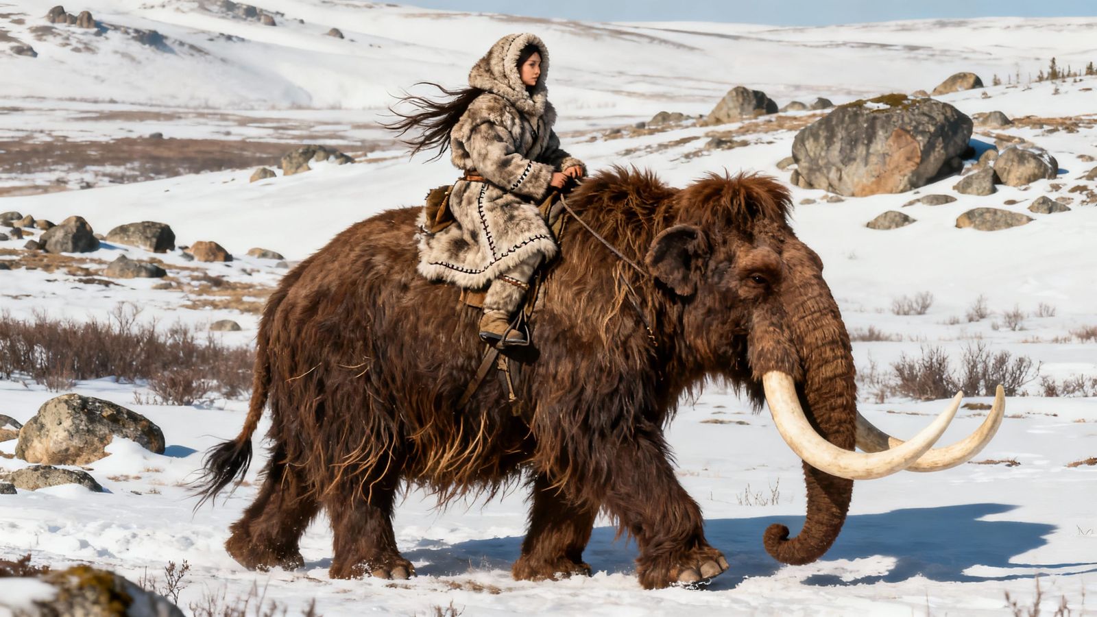 Neolithic Woman Rides Woolly Mammoth in Photorealistic Style
