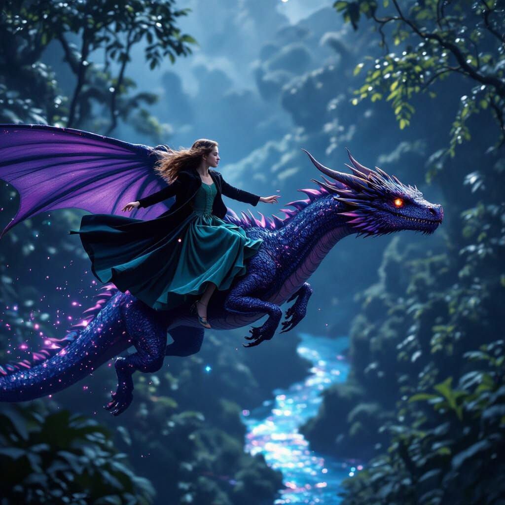 Girl in Green Dress Flies on Sparkling Dragon
