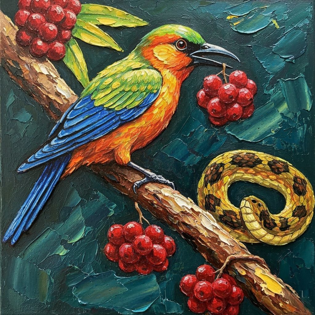 Impasto Painting of Tropical Bird and Snake, Bold Colors