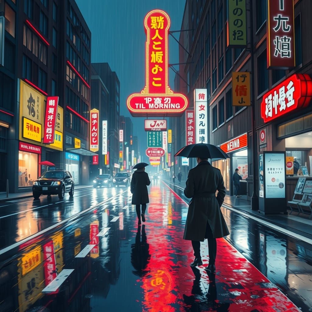Neon Tokyo Street at Night in Rain
