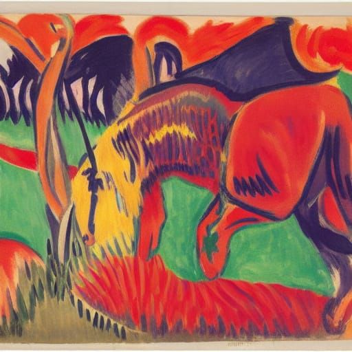 Fiery Red Bull in Prairie: Expressionist Fauvist Style