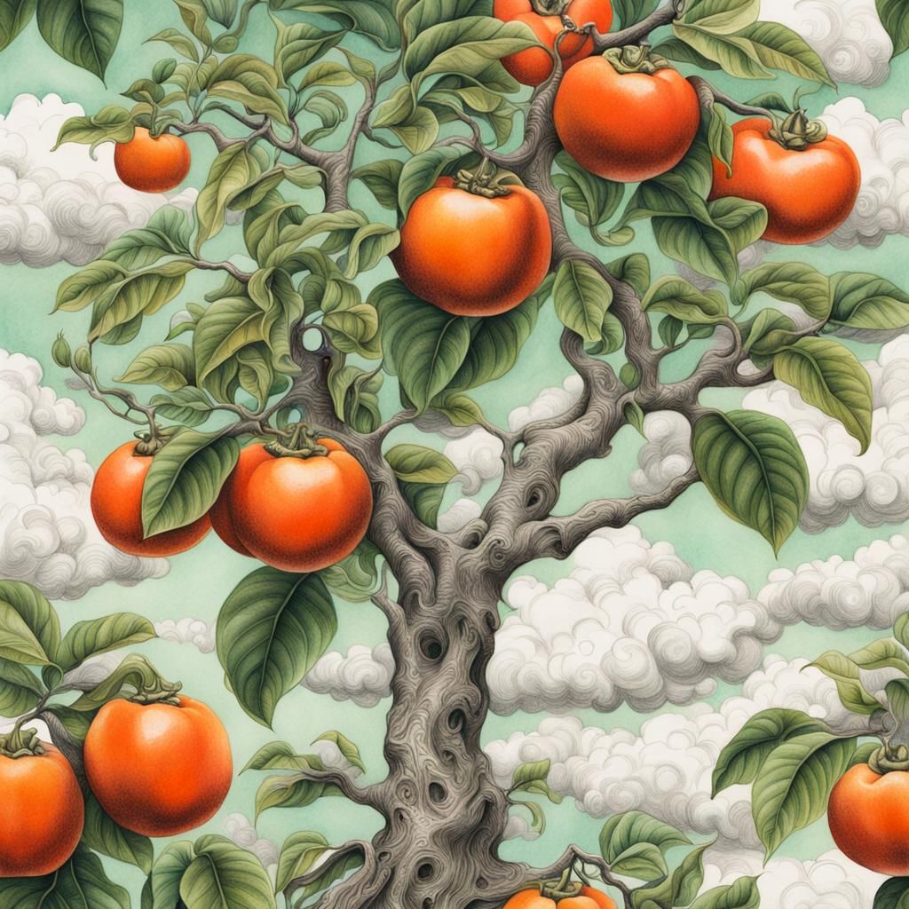 Persimmon Tree: Hyper-Realistic Botanical Ink Drawing