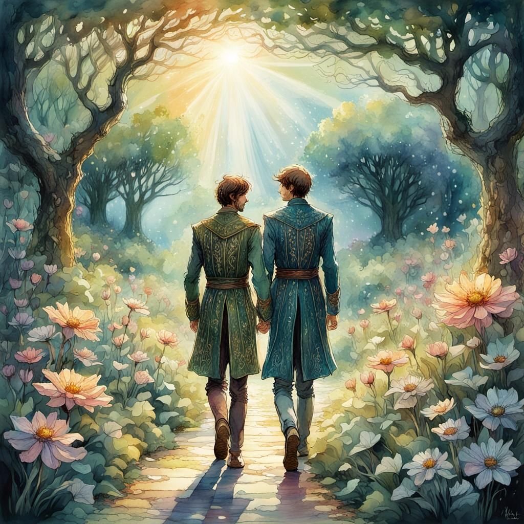Romantic Elves in Summer Garden: Digital Watercolor