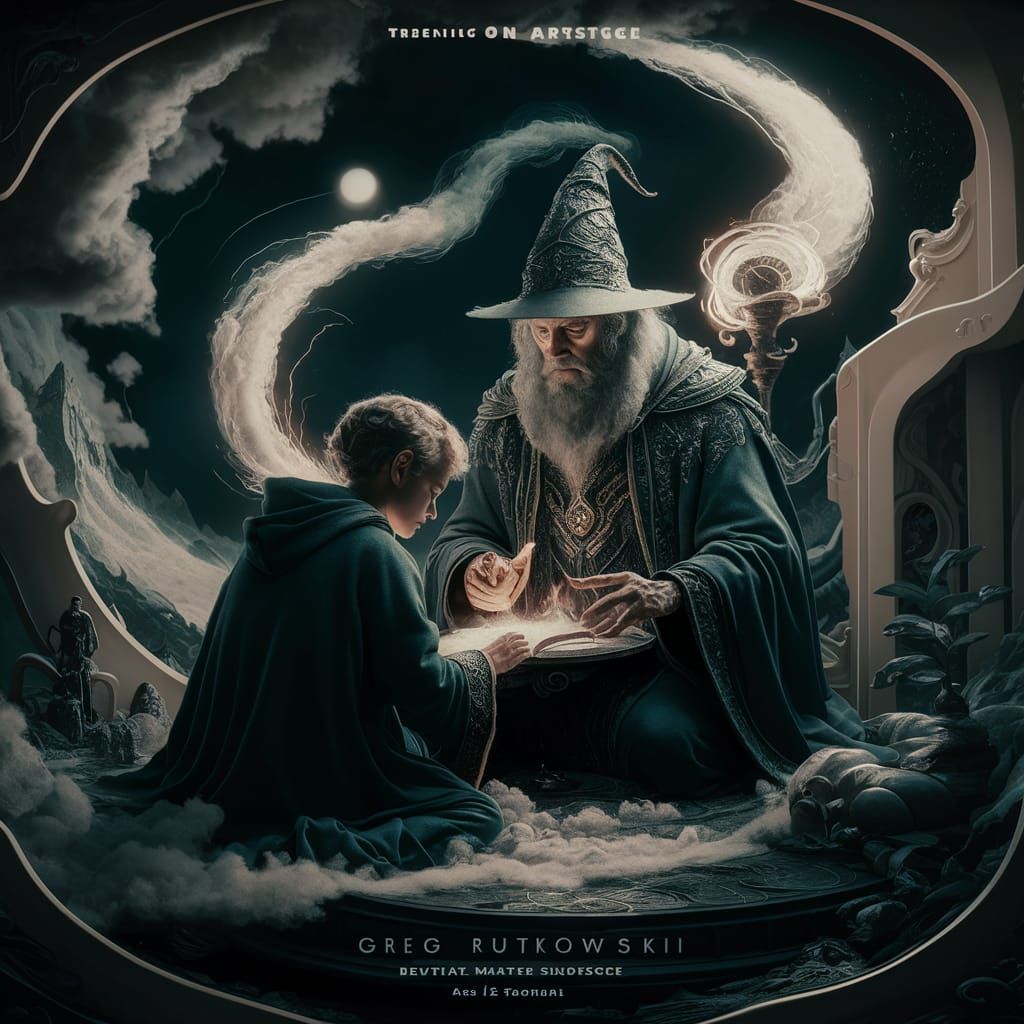 Wizard Teaches Apprentice in Retrofuturistic Landscape