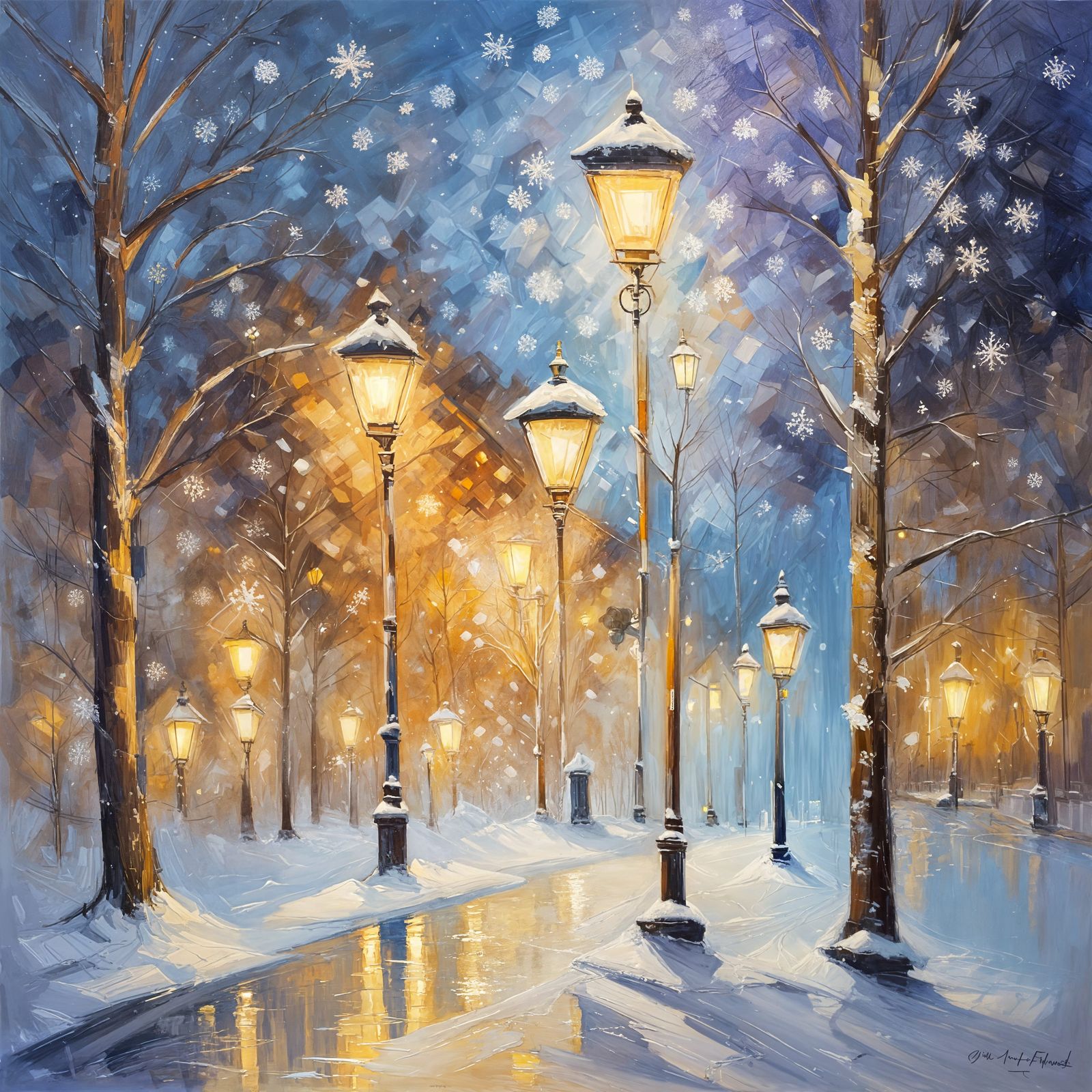 Serene Snowy Night: Impressionist Winter Landscape Painting