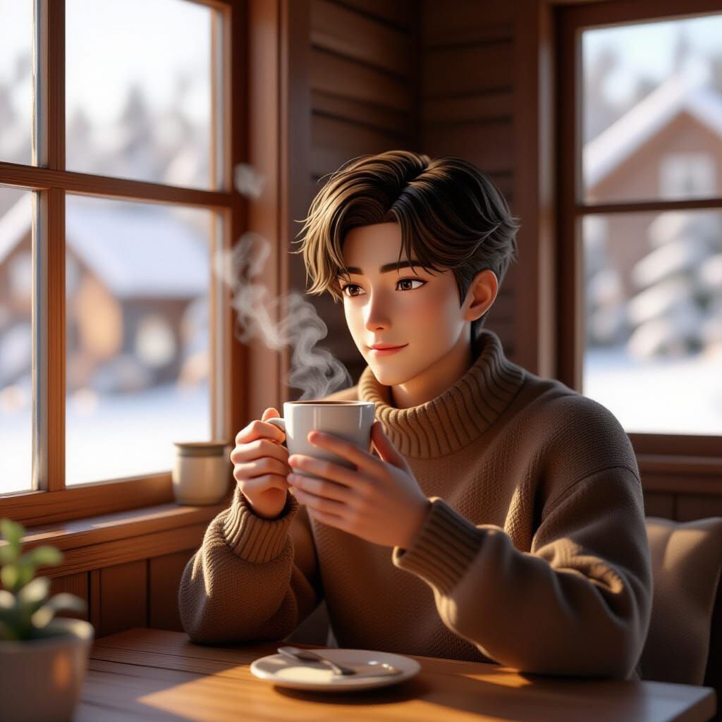 Cozy Winter Scene: Man Sipping Hot Chocolate in Warm Home