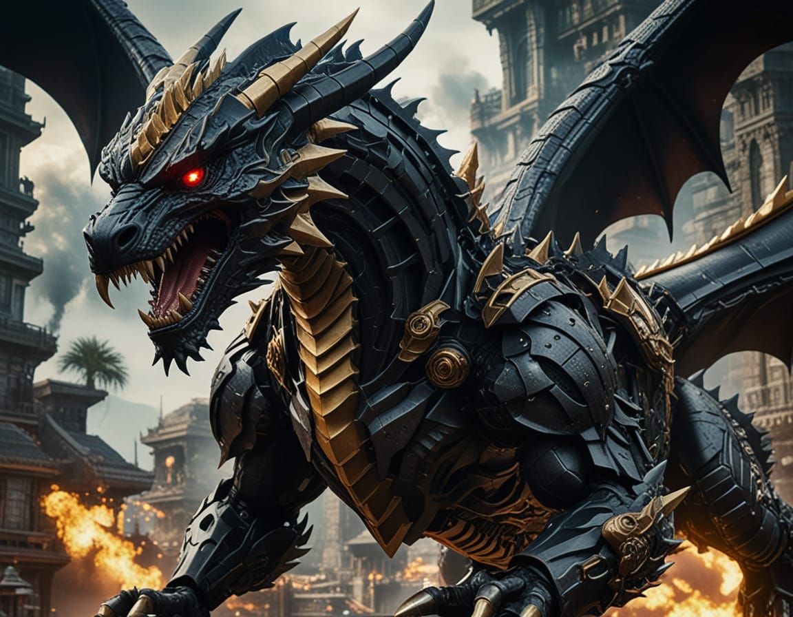 Black Mechanical Dragon Emerging: Sci-Fi Digital Art