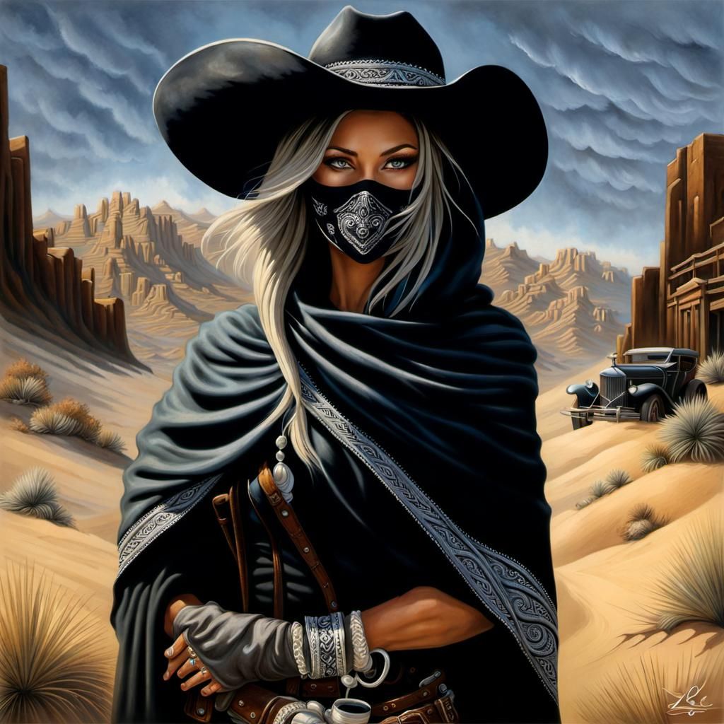 Mysterious Cowgirl with Colt in Western Scene