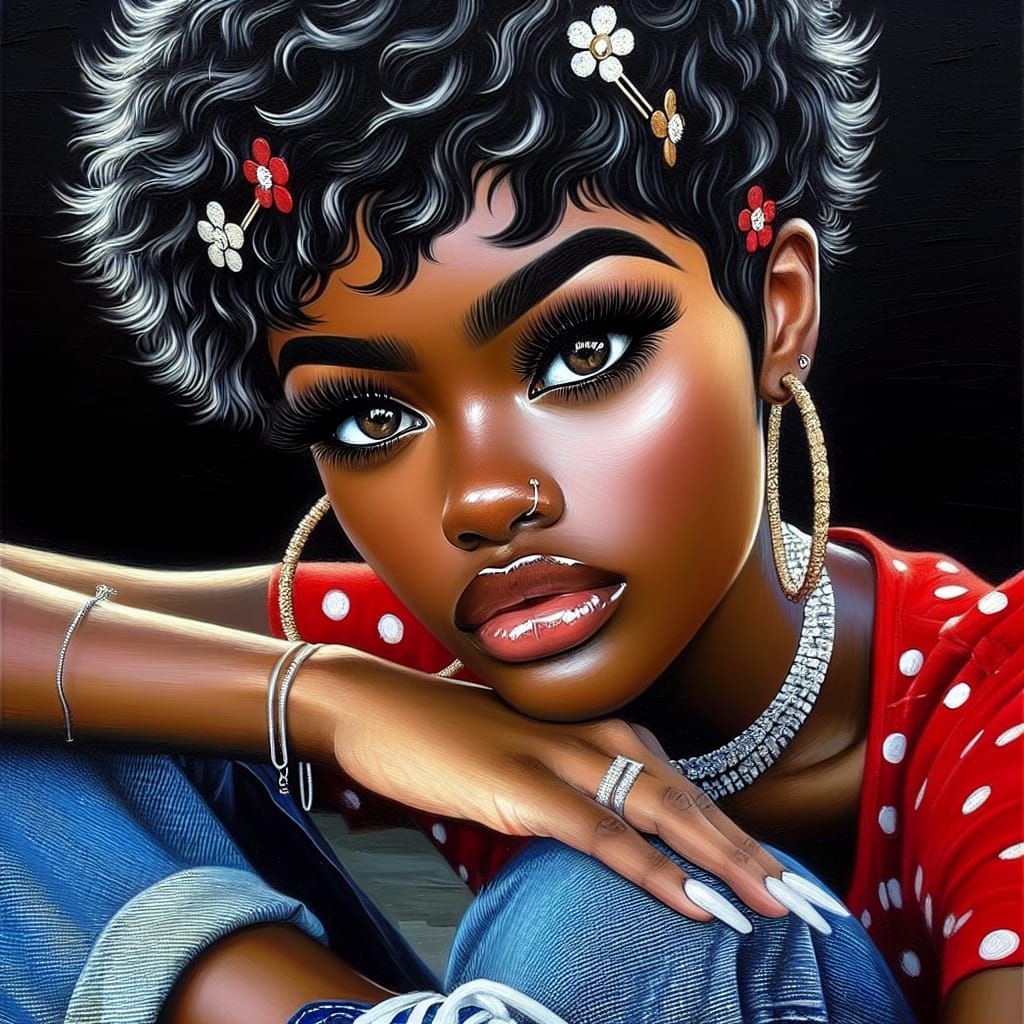 Hyperrealistic Oil Painting of a Woman with Flower Hair Clip...