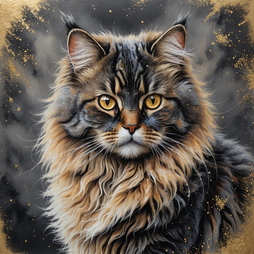 Fluffy Cat Portrait in Dark Pastels with Gold Dust