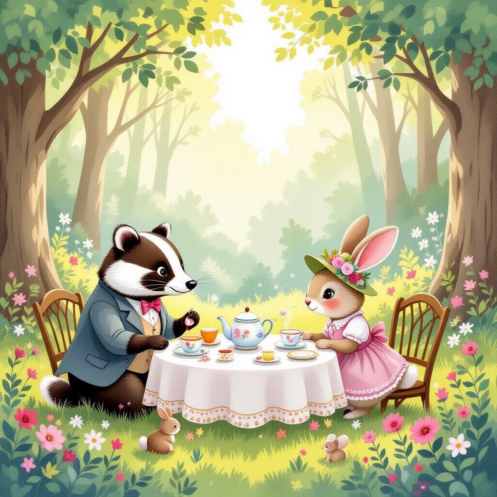 Woodland Creatures Tea Party In Sun-Dappled Glade