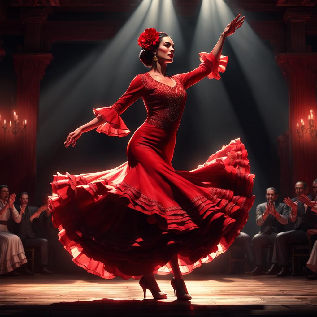 Flamenco Dancer in Red Dress, Dark Fantasy Art