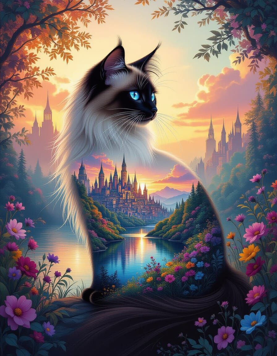 Elegant Siamese Cat Double Exposure in Fantasy Art Style