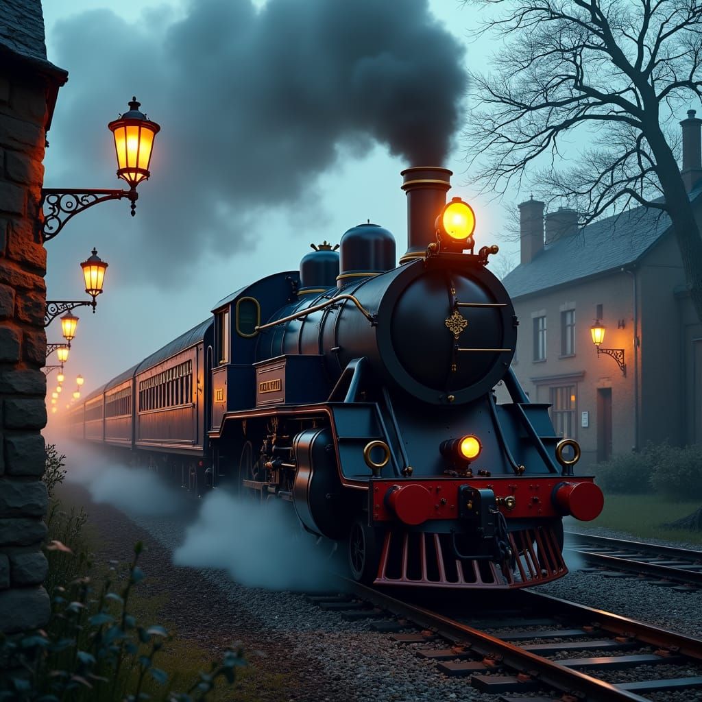 Steampunk Steam Engine Train in Industrial England