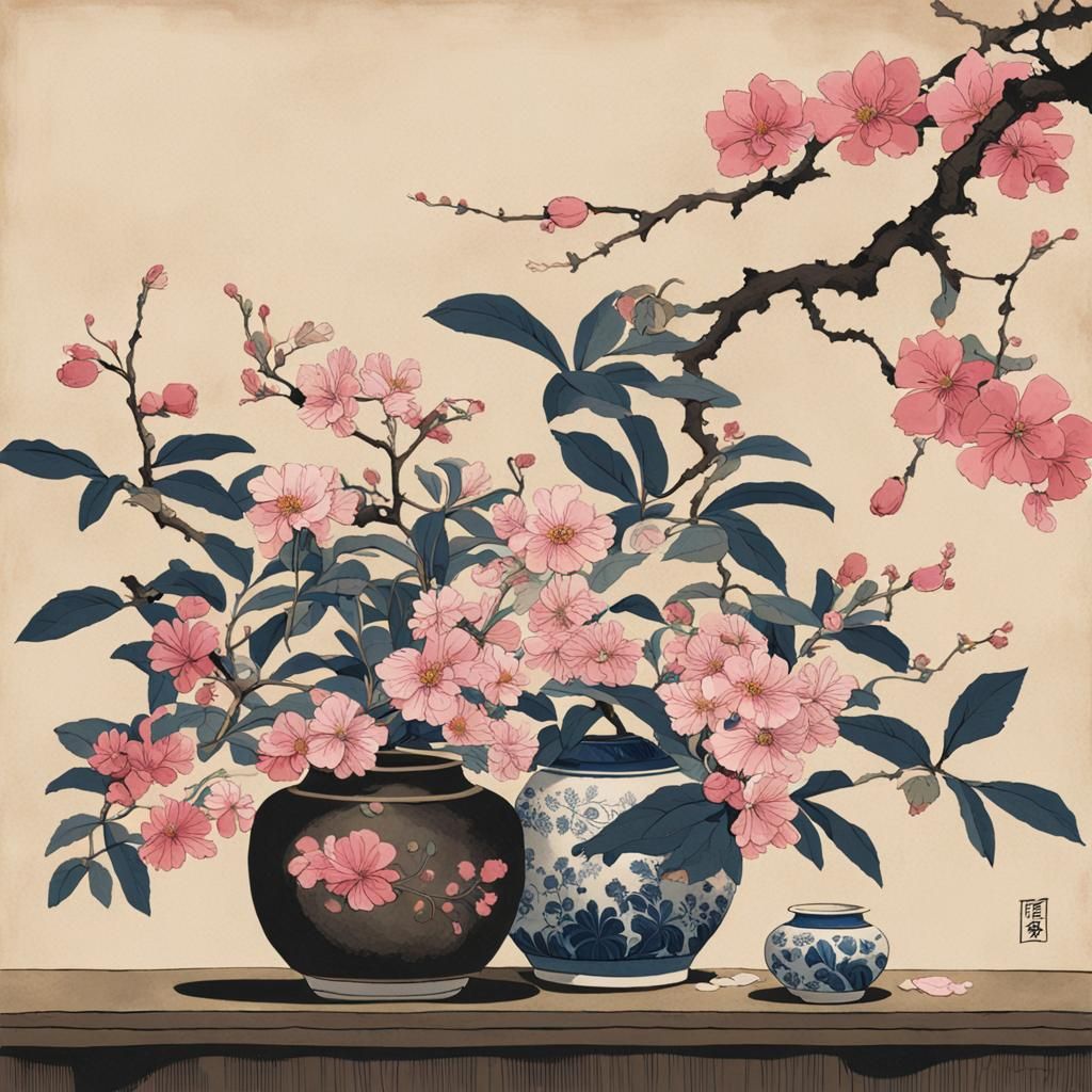 Pink Flowers Still Life in Ukiyo-e Style