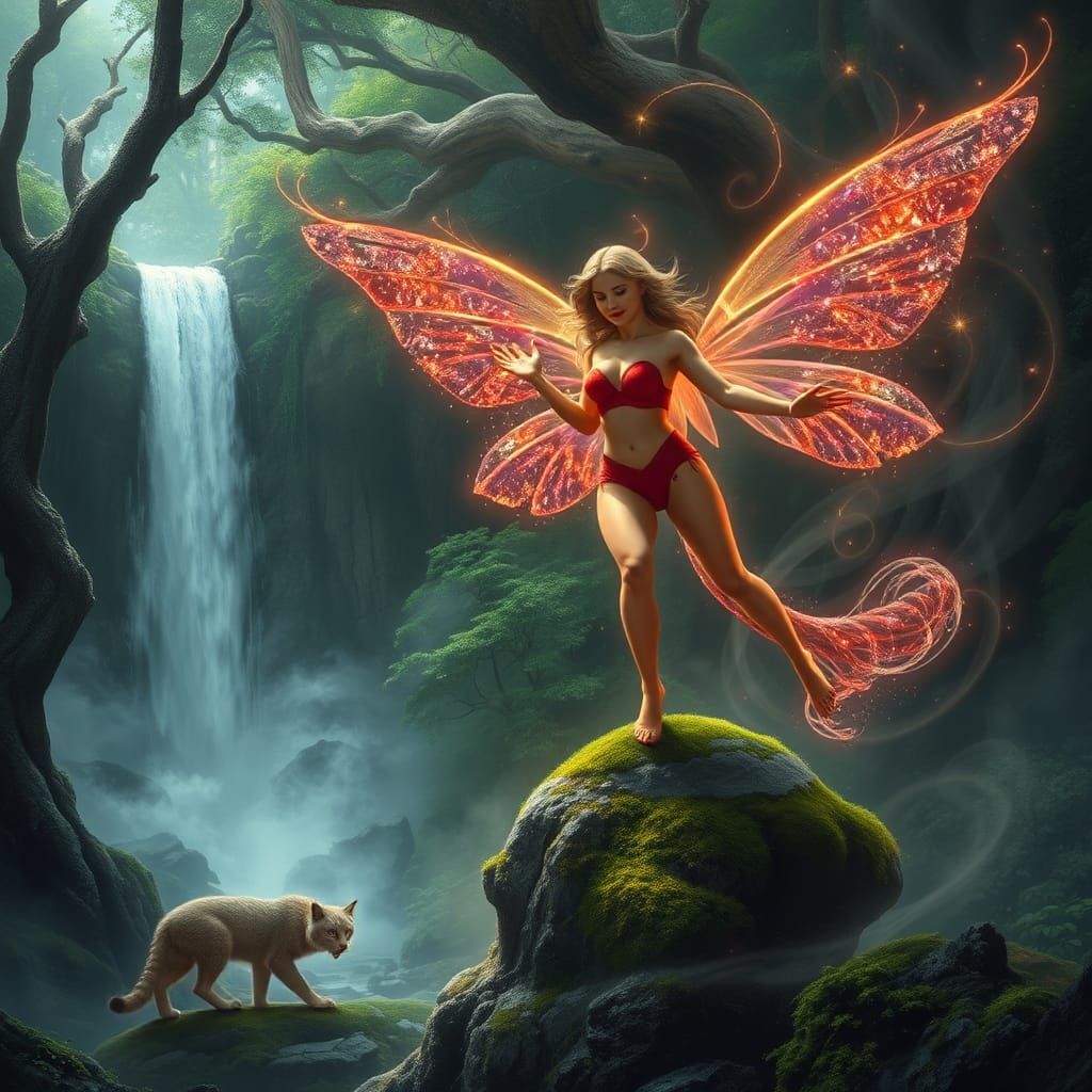 Mystical Forest Scene with Lynx and Fairy