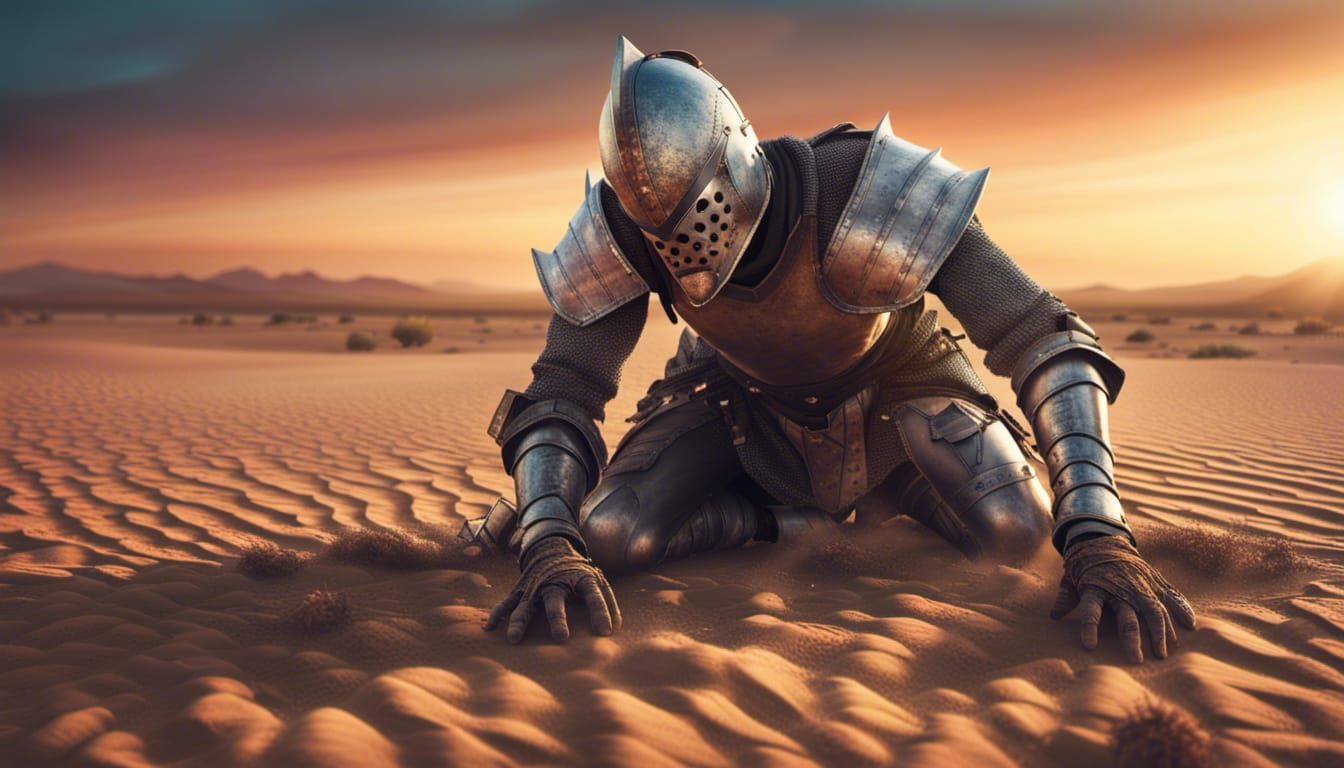 Exhausted Knight Crawling Through Desert at Sunset