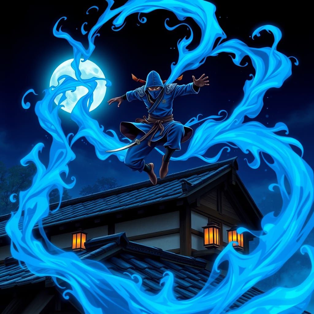 Ninja Disappears into Vibrant Blue Mist in Japanese Village