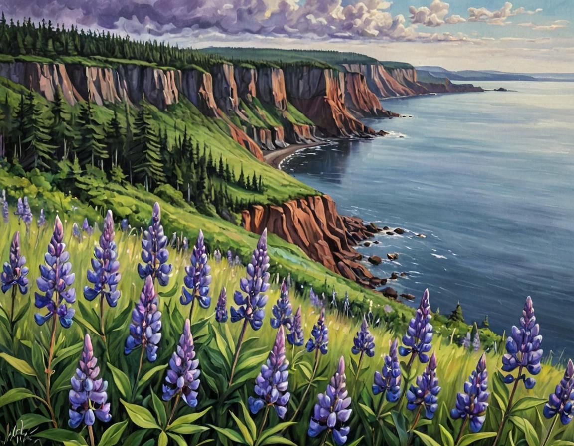 Lupine Field Oil Painting by Bay of Fundy