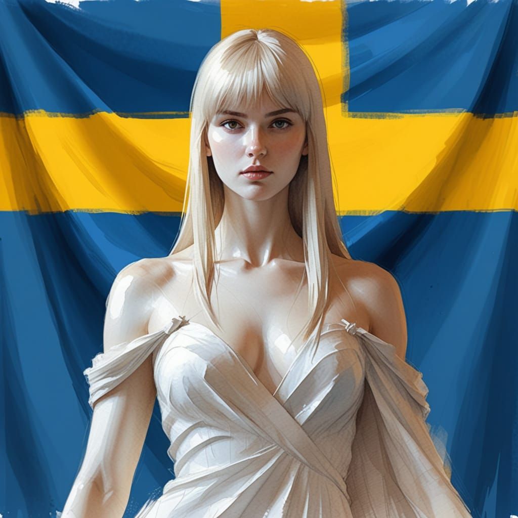 Marble Statue of Woman in Sweden Flag Background