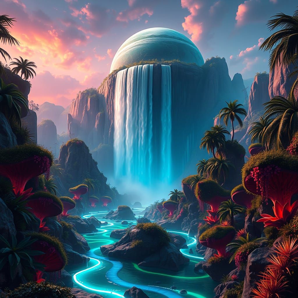Alien Jungle Waterfalls from Floating Planet in Matte Painti...