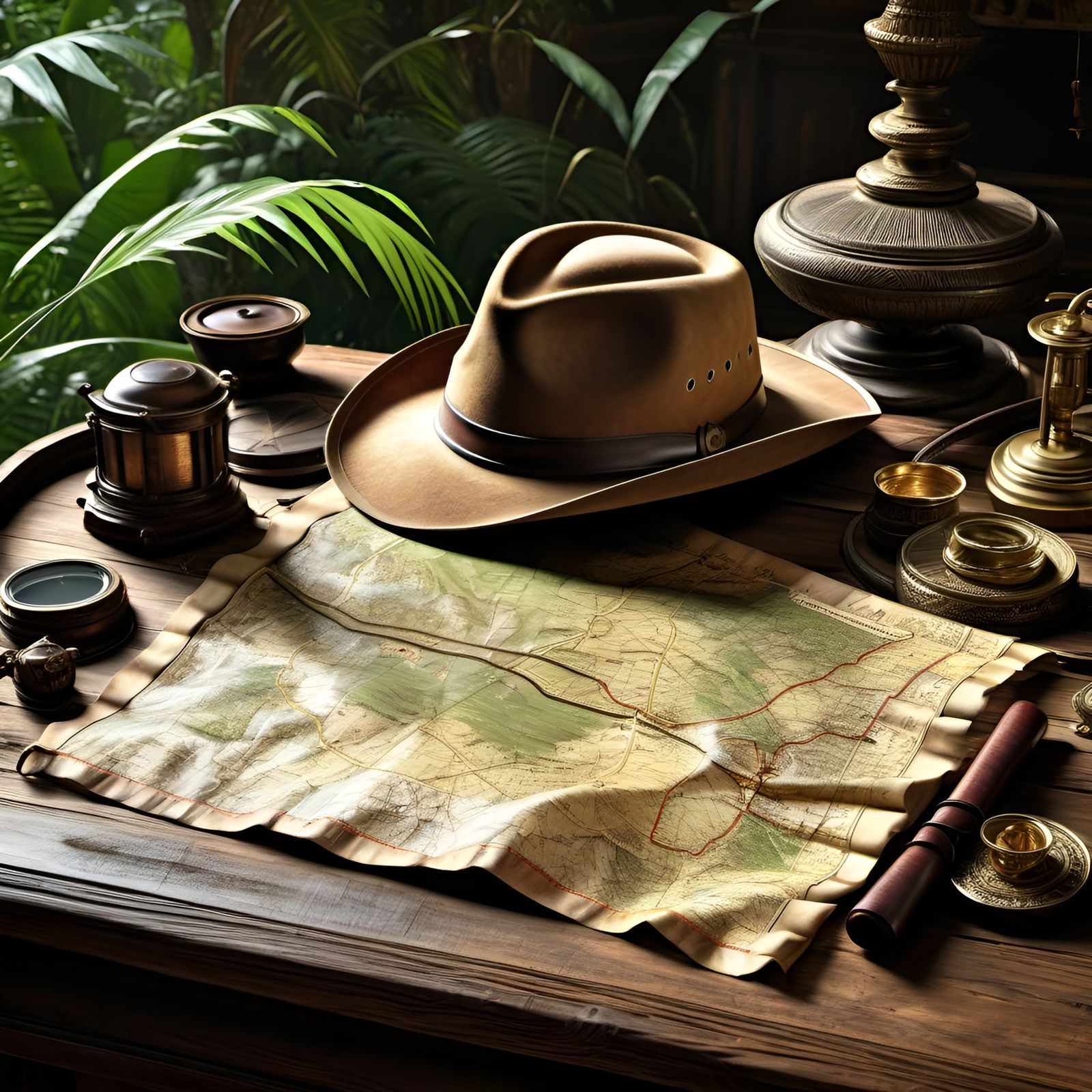 Jungle Treasure Map on Old Desk, Photorealistic Render