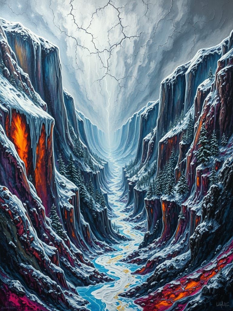 Explosive Molten Acrylic Landscape with Snow Rivers