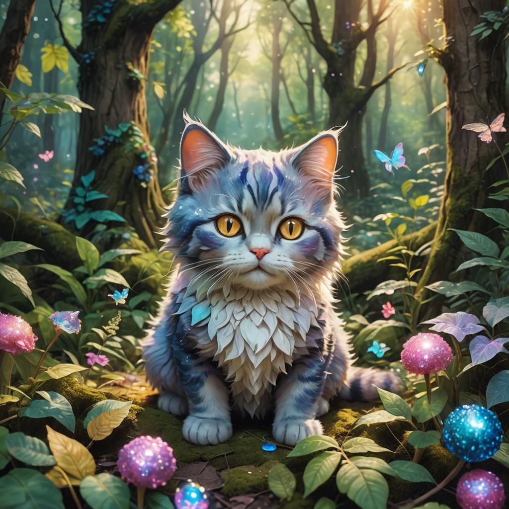 Cute Stuffed Cat Toy in Mystical Forest