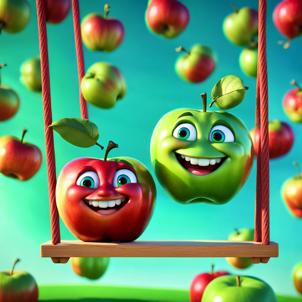 Smiling Chibi Apples on a Swing: 3D Digital Art