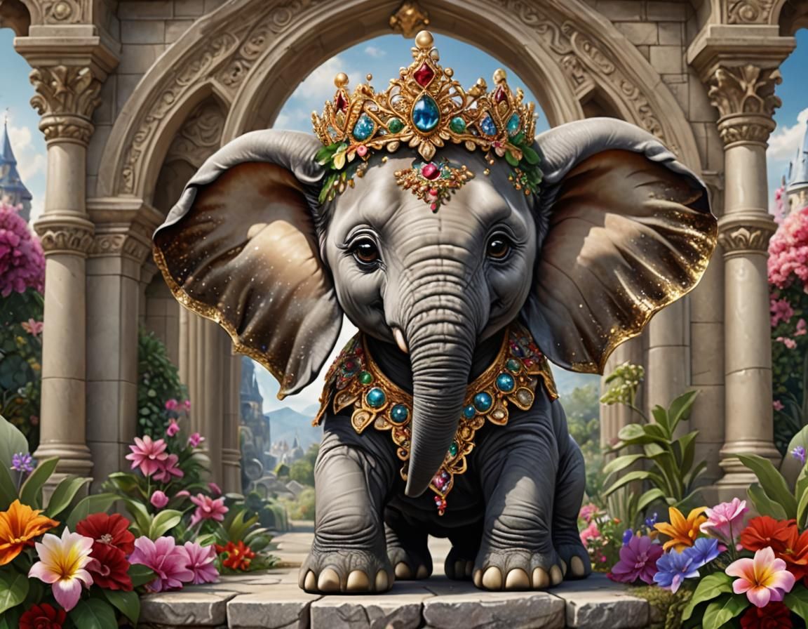 Regal Baby Elephant with Crown in Garden