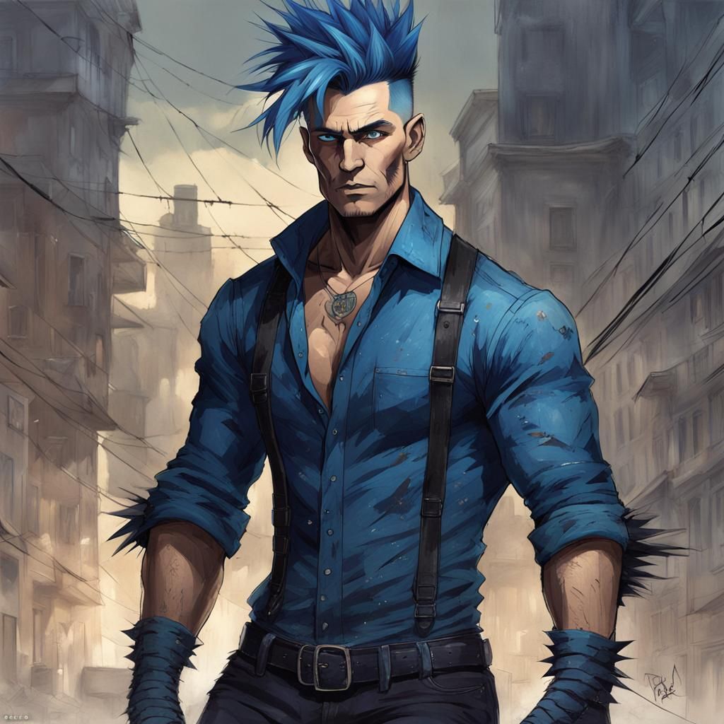Anime Style: Italian Man with Blue Mohawk